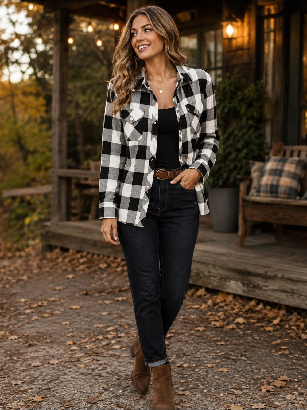 D&Co Black White Buffalo Plaid Button Up Shirt Jacket Top M